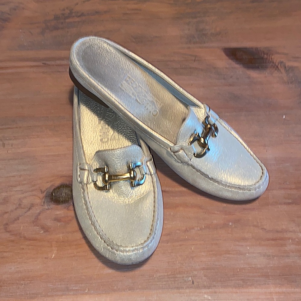 Salvatore Ferragamo Gold Leather Gancini Open Back Slip On Loafers Size …